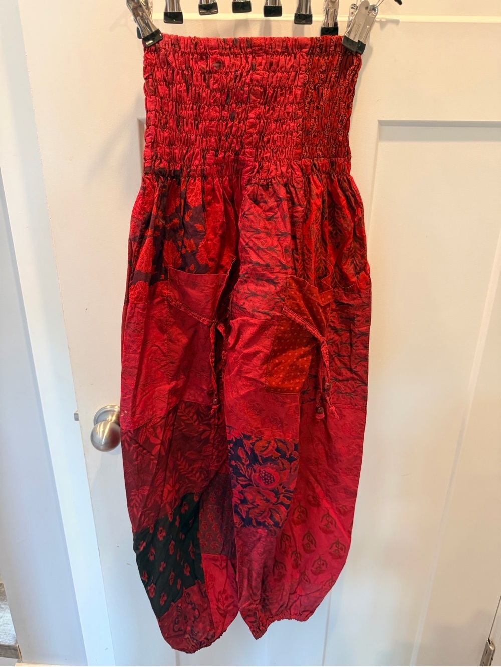 NEW Boho Patchwork Convertible Jumpsuit OSFM Red Smocked Harem Pants Festival